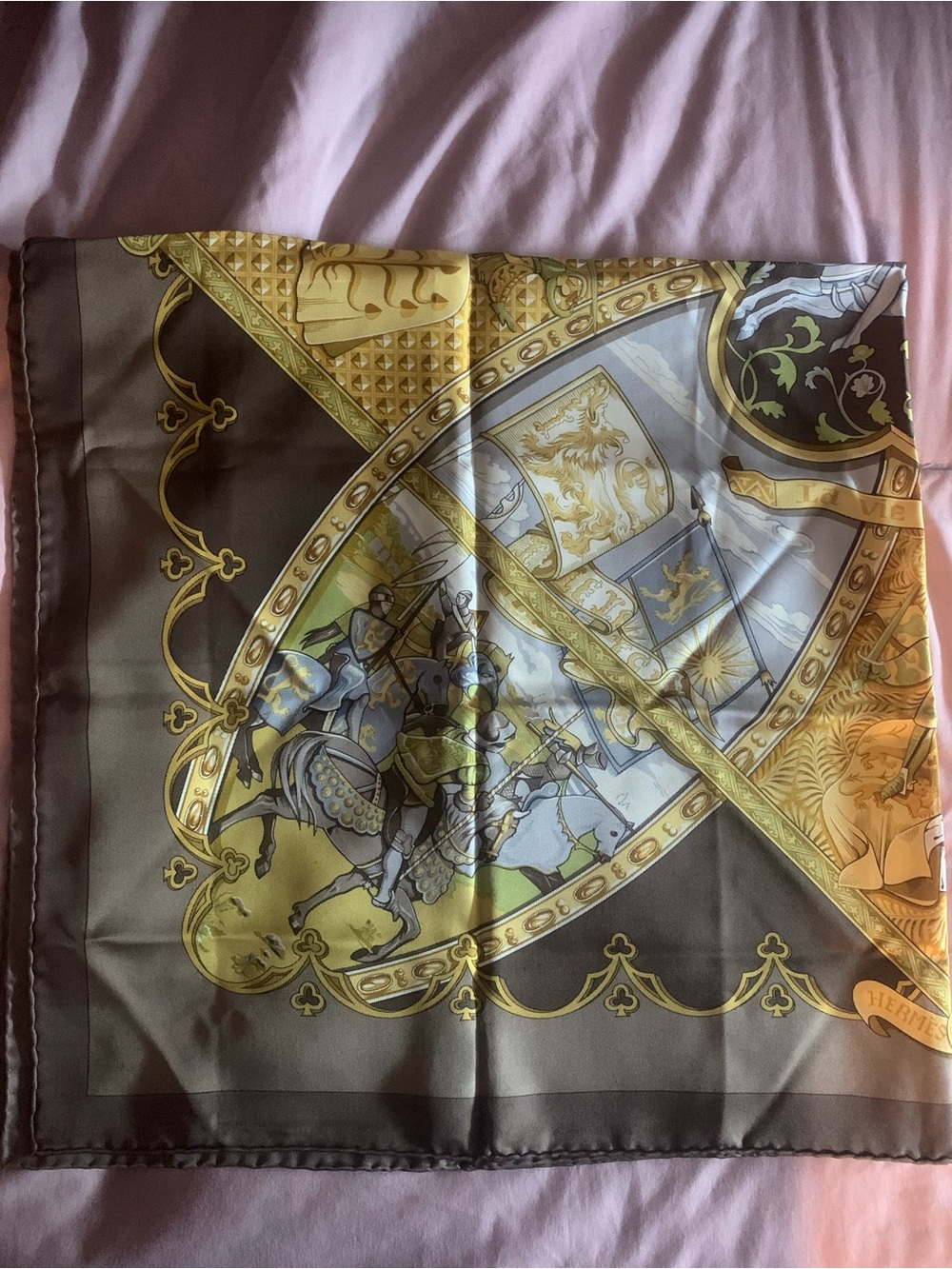 Hermes Silk Scarf in Brown, Gold and Cream authentic